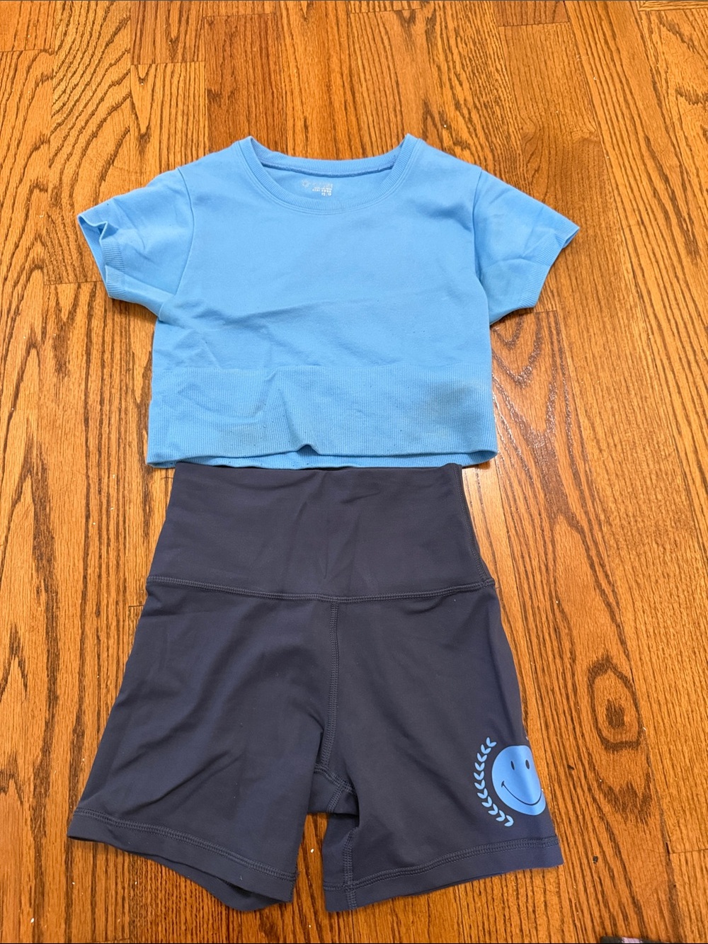 Blue Cropped Tee & Navy High-Waist Bike Shorts Set